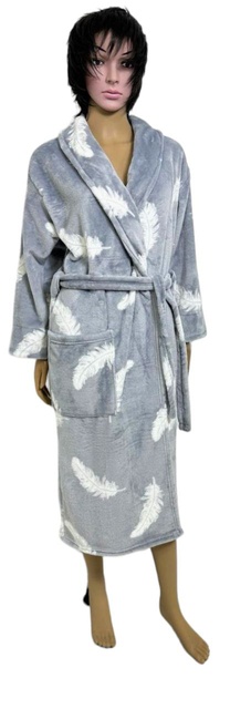 Женский махровый халат "ПАУЛА" серого цвета с изображением перья рукав тричетверти, 56-58, Серый