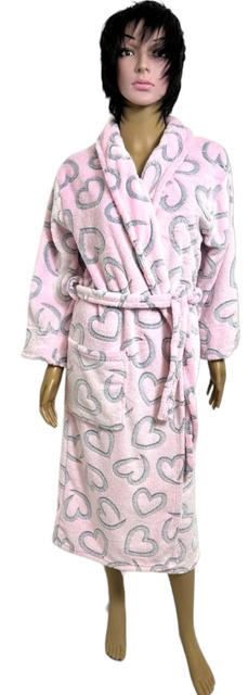 Женский махровый халат "ПАУЛА" розового цвета с изображением сердечек рукав тричетверти, 56-58, Розовый
